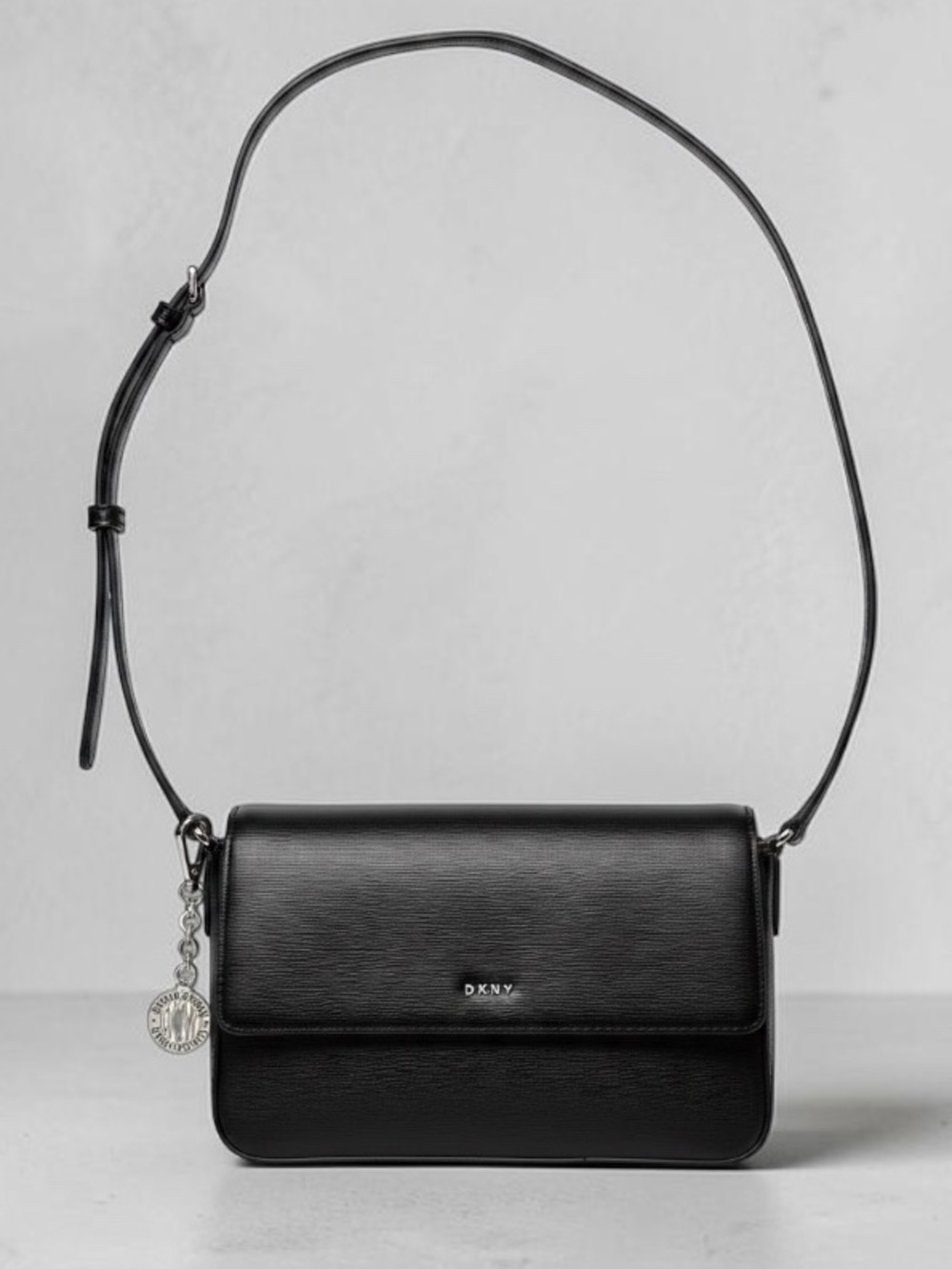 NWOT DKNY Bryant Medium Black Leather Flap Crossbody with Charm w Dust Bag